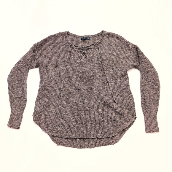 American Eagle Gray Lace-Up V-Neck Sweater Size S - Picture 2 of 10